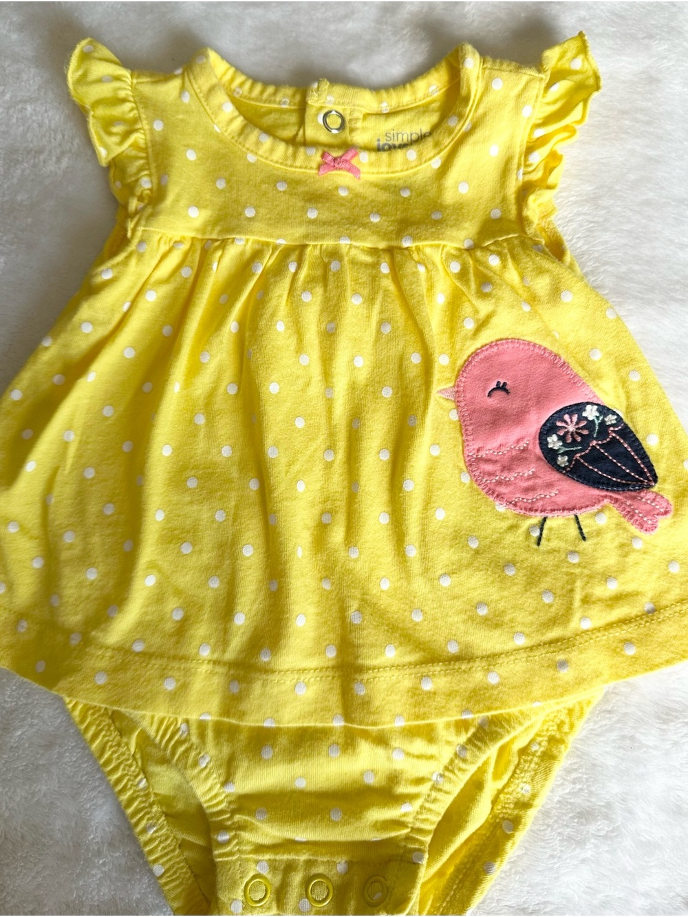 Simple Yellow Polka Dot Baby Bodysuit with Pink Bird Applique